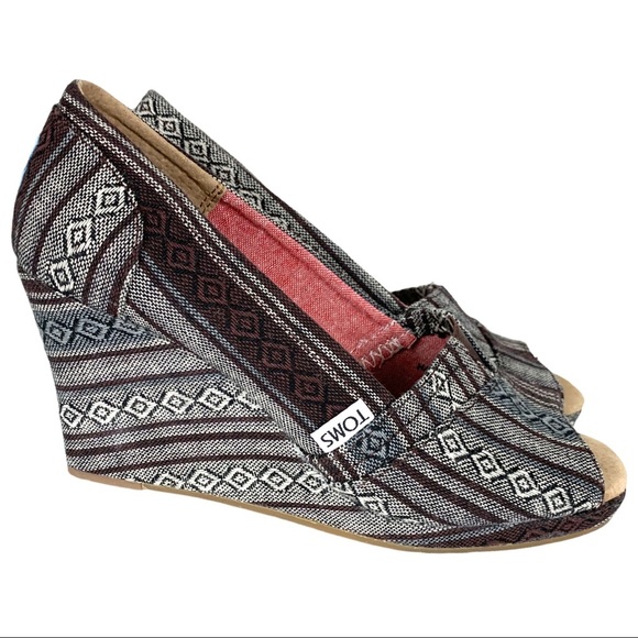 TOMS Calypso Tribal Aztec Boho Print Open Peep Toe Wedge Shoes Women's Size 7 - Picture 5 of 7